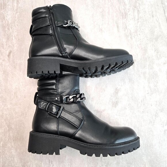 G by Guess Moto Combat Boots Size 8 Black Grunge Lug Sole Chunky Chain Booties - Picture 5 of 13